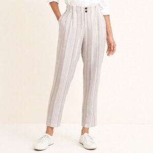 Garnet Hill 100% Linen Stripe High Rise Ankle Trouser Pleated Front White Tan 6